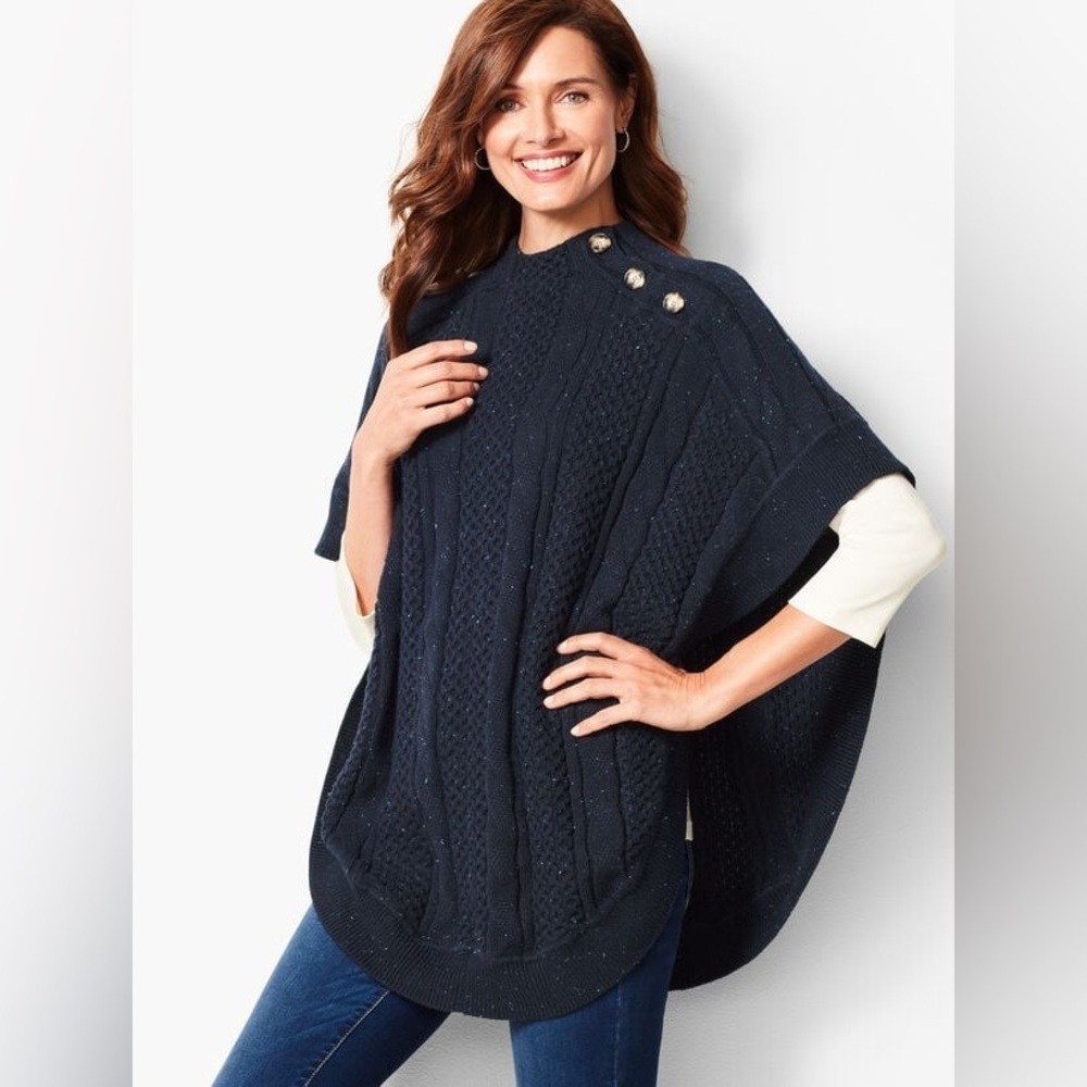 TALBOTS FUNNEL-NECK CABLE KNIT PONCHO DARK NAVY